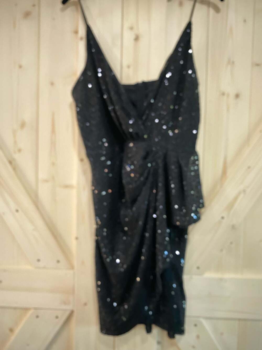 Double Crazy Black Sequin V-Neck Draped Mini Dress Size L